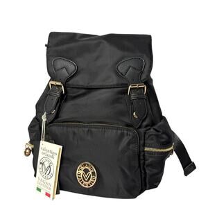 Valentino Orlandi Backpack‎ Womens Black Medium Nylon Gold Hardware Italian NWT